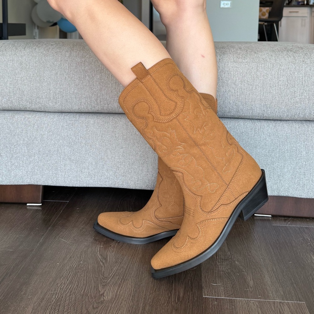 GANNI Mid Shaft Embroidered Western Boots Tobacco Brown EU 40 - Picture 7 of 8